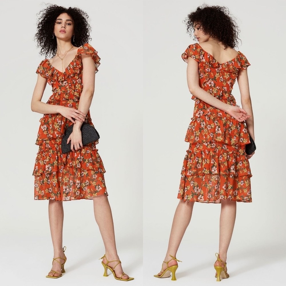 Marissa Webb Collective Magnolia Bouquet Ruffle Midi Dress Size XS